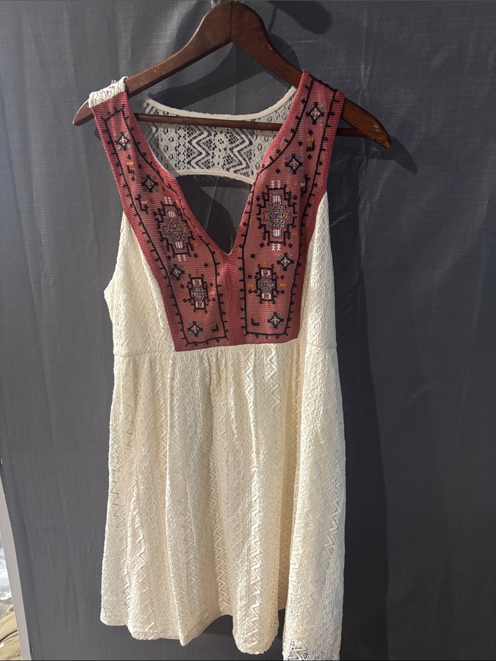 Cream Lace Mini Dress with Embroidered Rose Bib